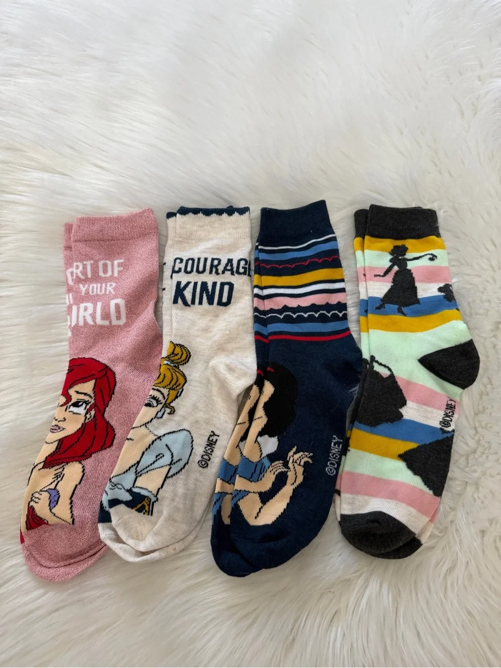 Disney Princess Multicolor Crew Socks Sz S/M- 4-Pack